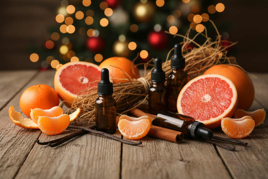 Holiday essential oil blend of tangerine, vanilla cinnamon pink grapefruit vetiver