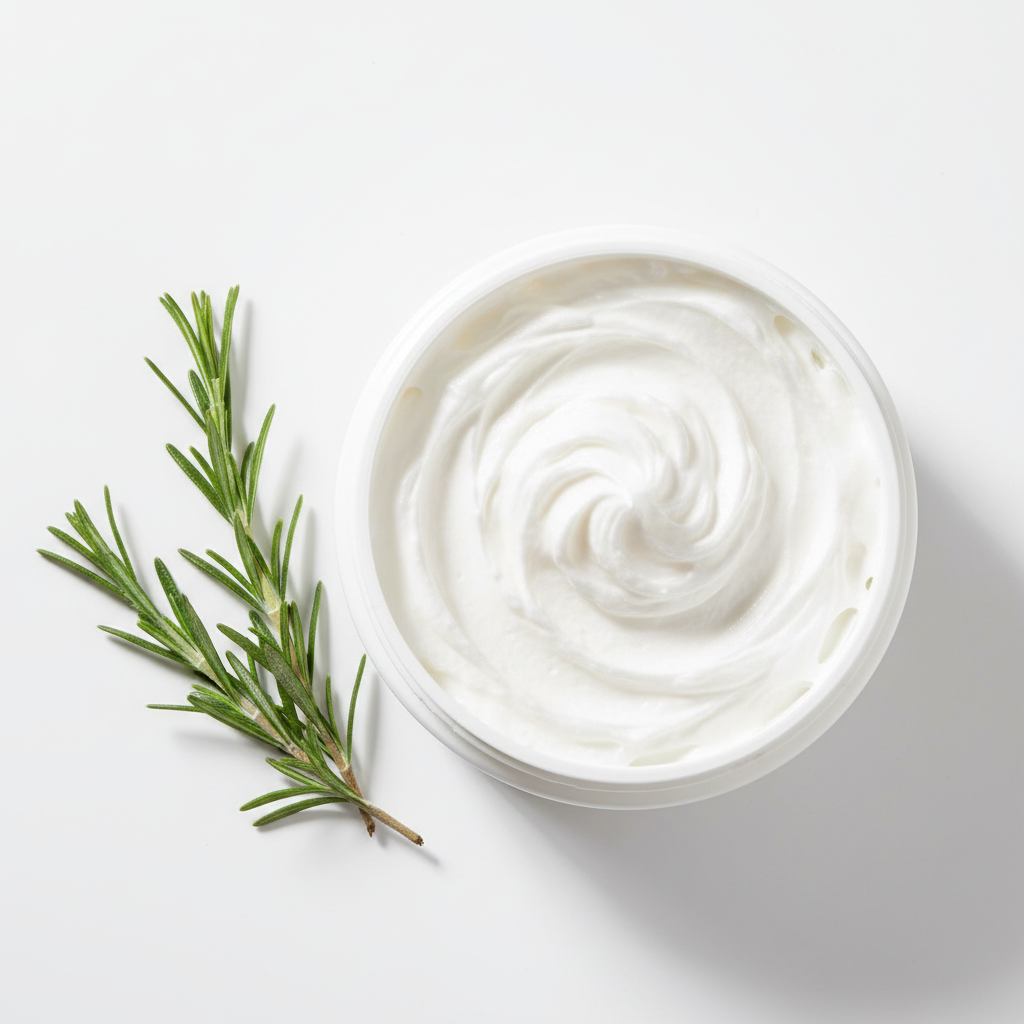 Overhead view of fluffy white rosemary lotion