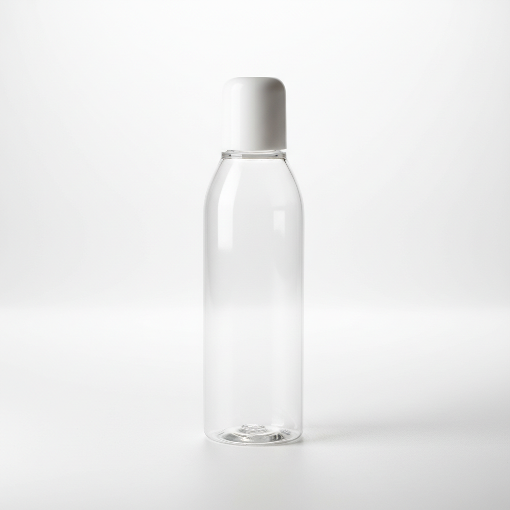 plastic clear bullet style 4oz  bottle with a white disc cap